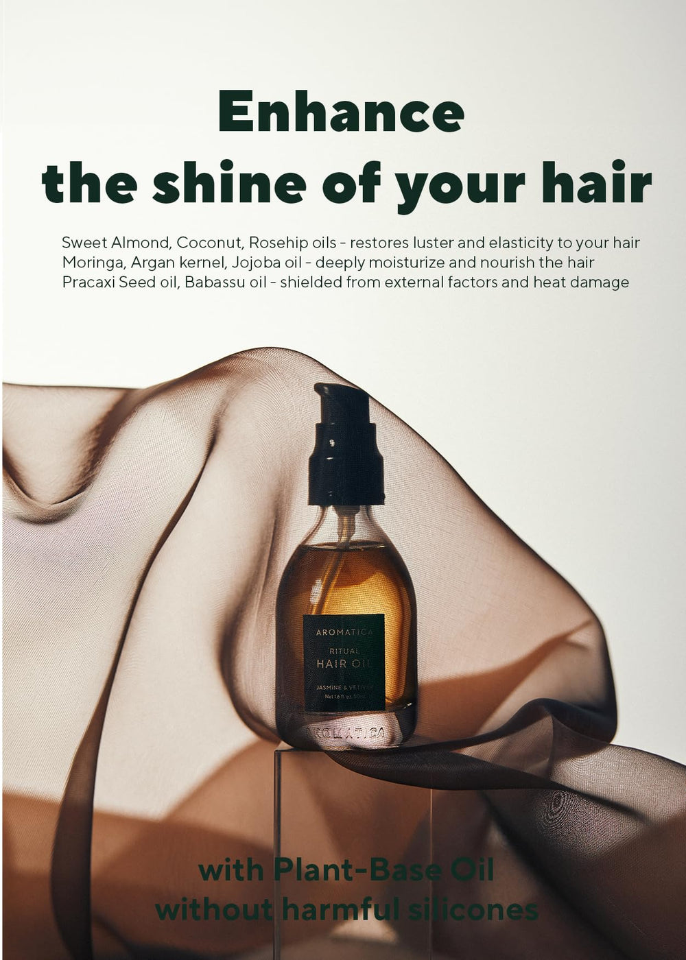 AROMATICA oil being applied to damp hair ends for nourishment and frizz control