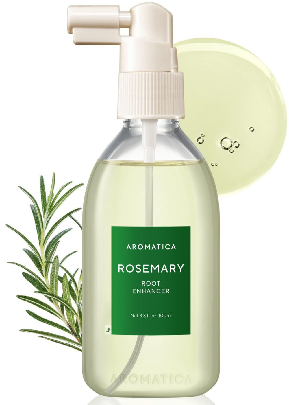 AROMATICA root-enhancer rosemary spray bottle close-up for scalp moisture and refreshment.