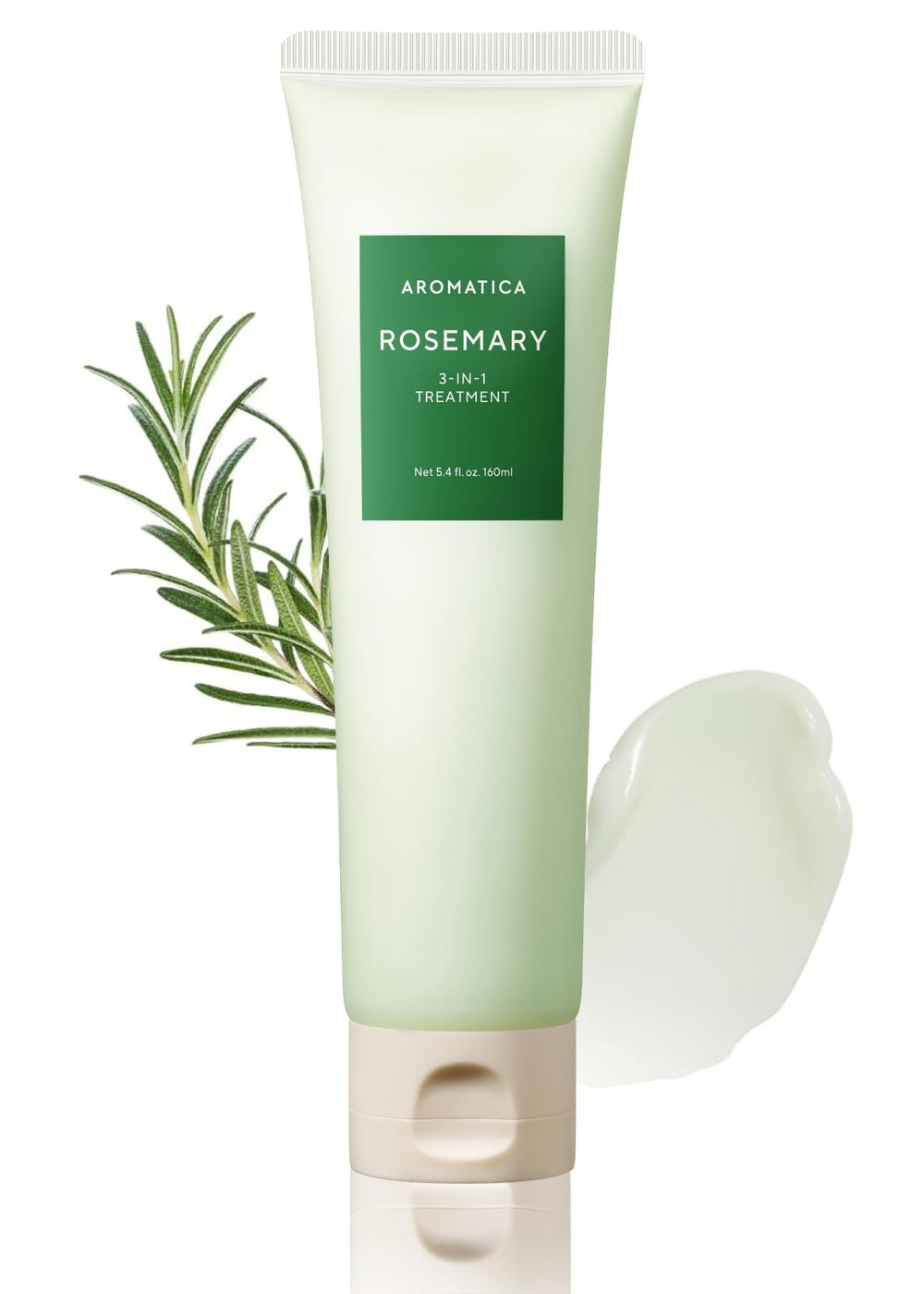 AROMATICA Rosemary 3-in-1 hair treatment jar shows nourishing, shiny results.