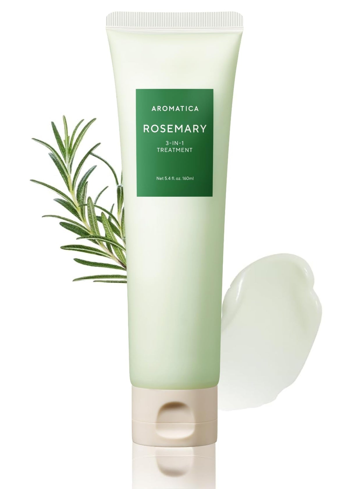 AROMATICA Rosemary 3-in-1 hair treatment jar shows nourishing, shiny results.