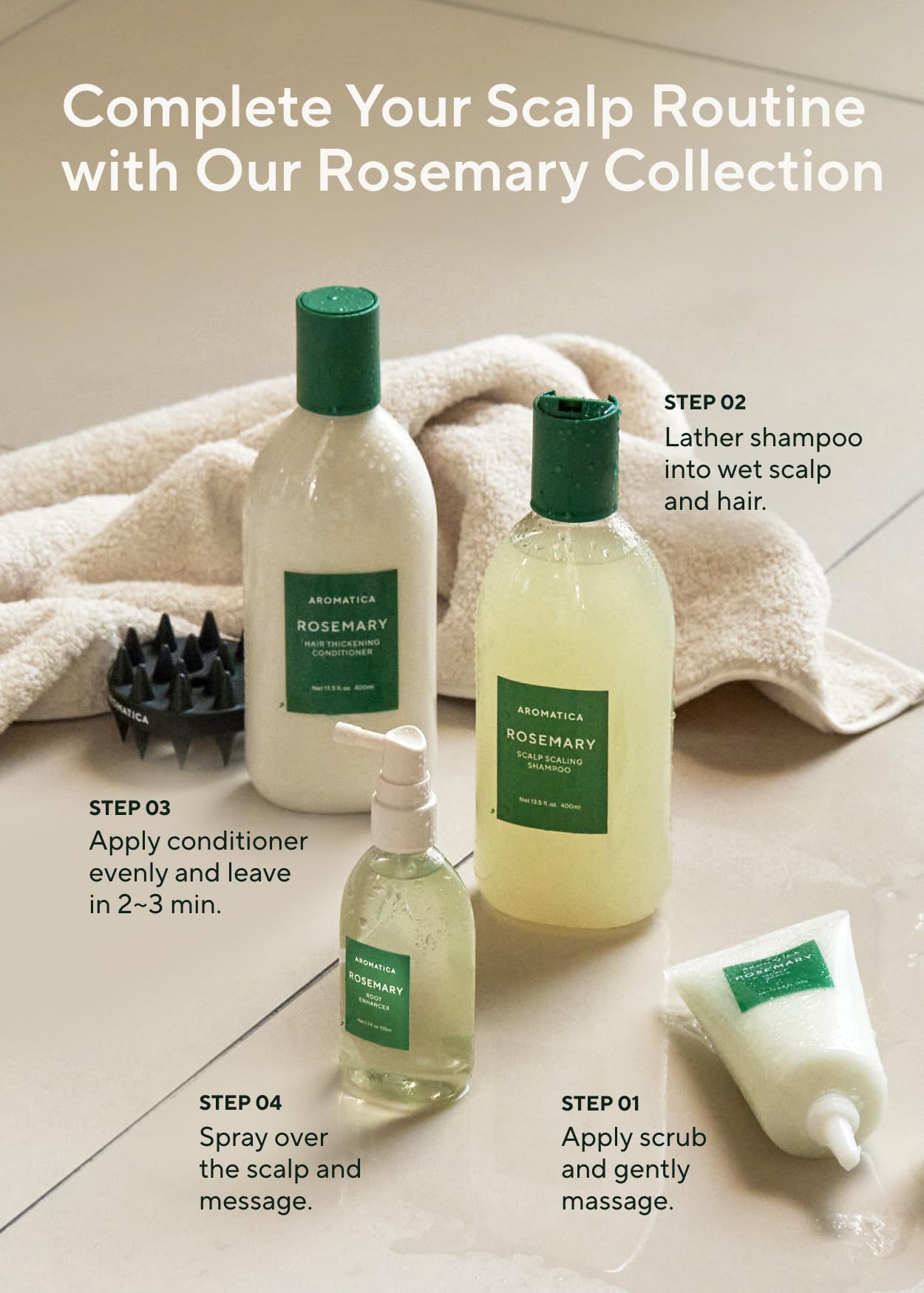 AROMATICA rosemary blend label visible on bottle for natural ingredients.