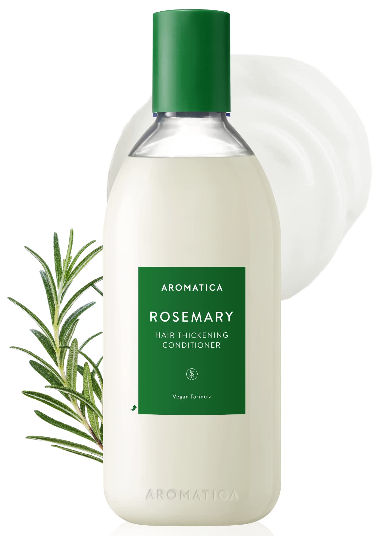 AROMATICA Rosemary Hair Thickening Conditioner bottle highlighting vegan formula for moisture.