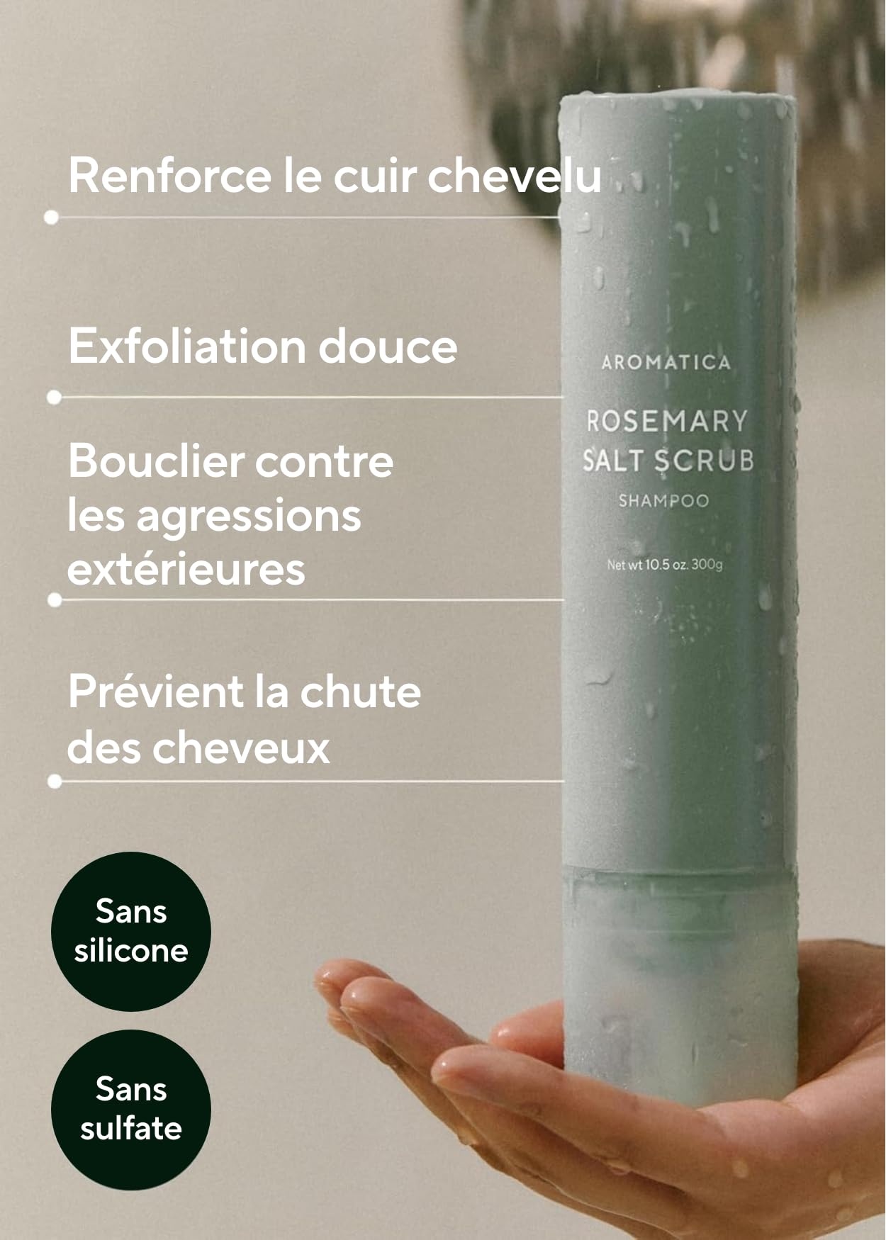 AROMATICA Rosemary Salt Scrub Shampoo ingredients shot emphasizing rosemary and caffeine.