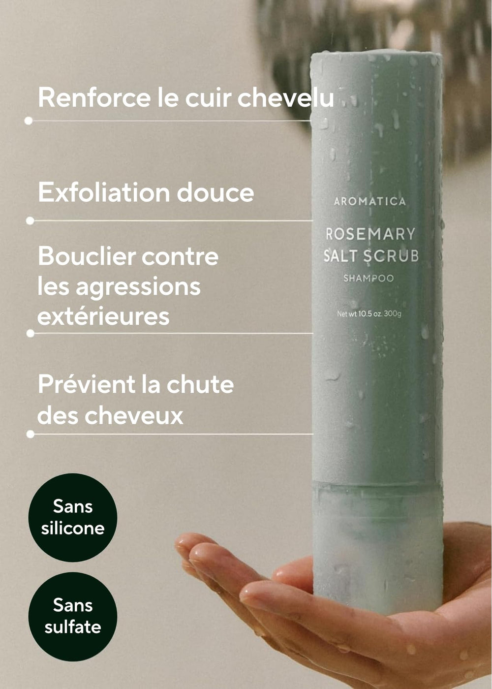 AROMATICA Rosemary Salt Scrub Shampoo ingredients shot emphasizing rosemary and caffeine.