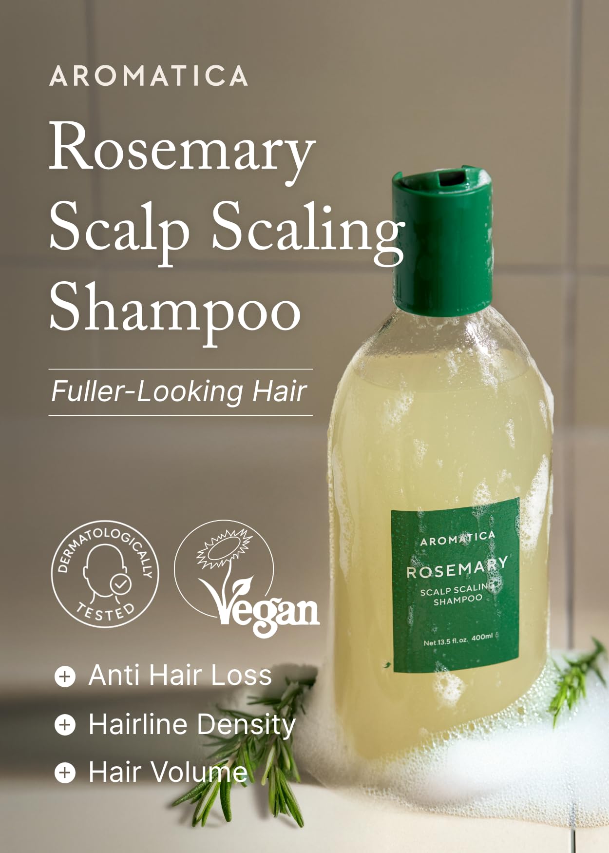 AROMATICA Rosemary Scalp Shampoo bottle back highlights clean ingredients and sulfate free pledge