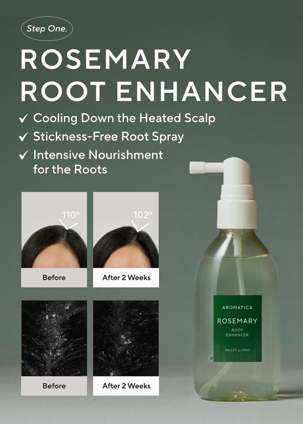 AROMATICA rosemary water serum bottle hydrates the scalp for comfort.