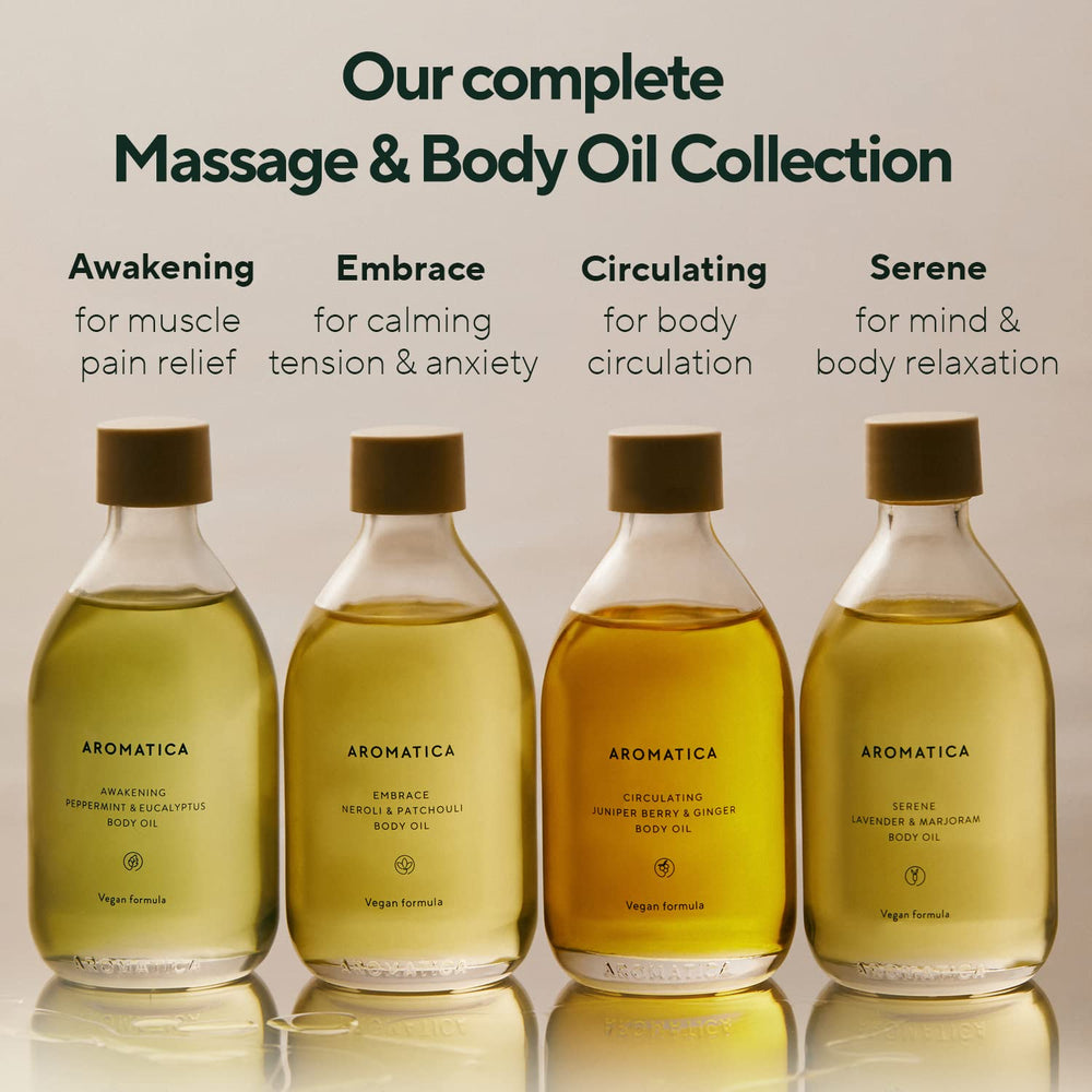Aromatherapy scene at home featuring AROMATICA Serene Body Oil.