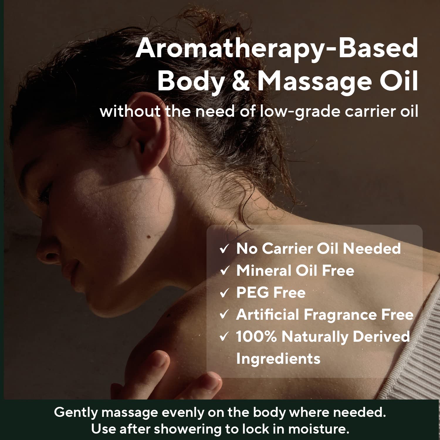 AROMATICA Serene Body Oil ingredients shown in botanical bottles.