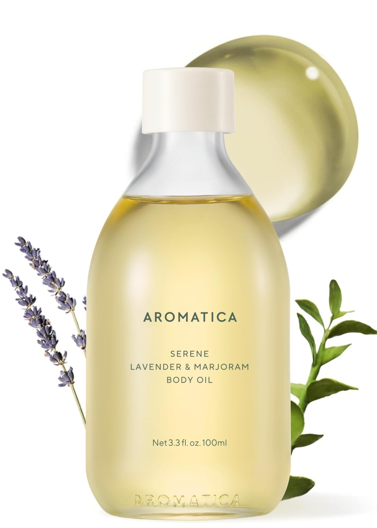 AROMATICA Serene Body Oil bottle pouring lavender for relaxation.