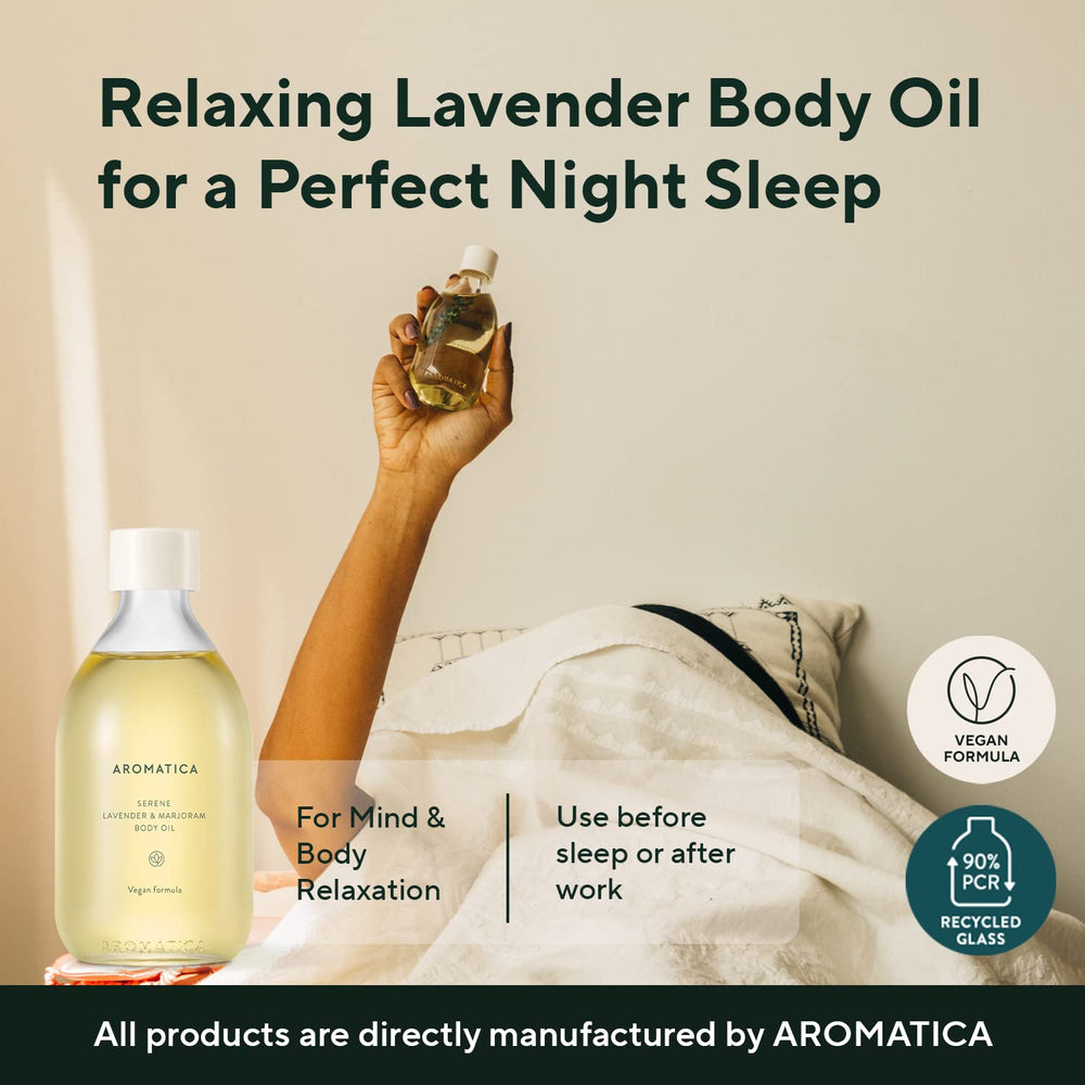 AROMATICA Serene Body Oil drops on skin for soothing hydration.