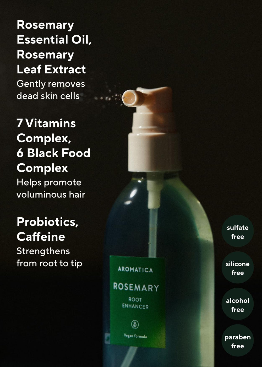 AROMATICA six-type black food complex ingredients support nourishing scalp care.