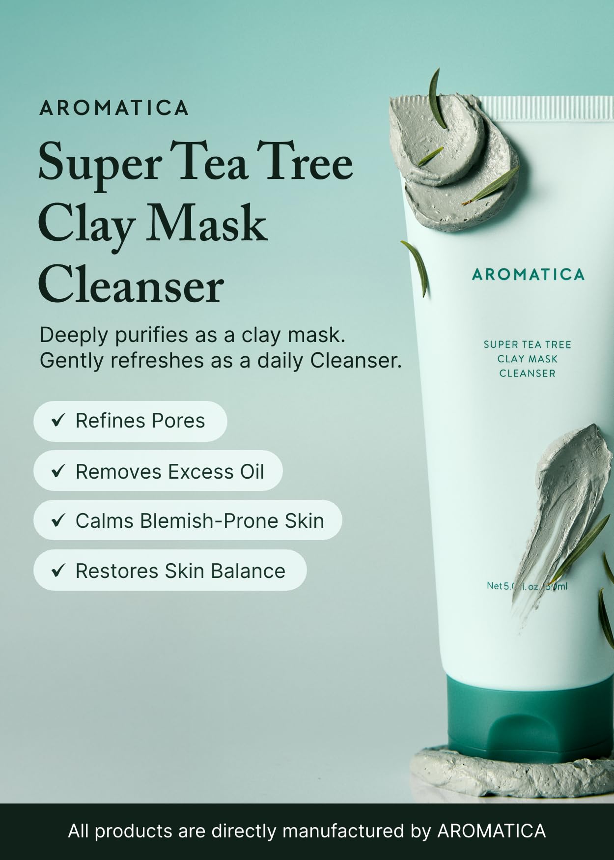 AROMATICA Tea Tree Clay Mask jar close-up showing pores-clearing texture