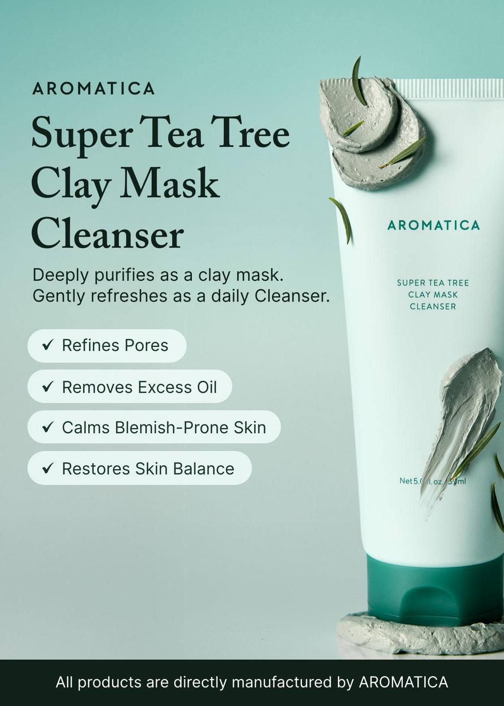 AROMATICA Tea Tree Clay Mask jar close-up showing pores-clearing texture