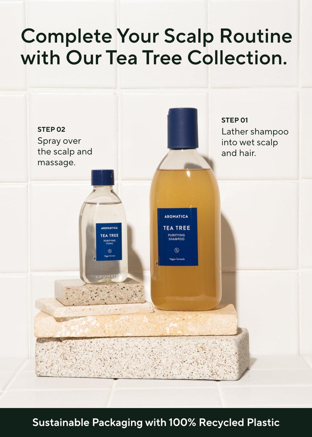 AROMATICA Tea Tree Purifying Tonic on wet hair, easy scalp application.
