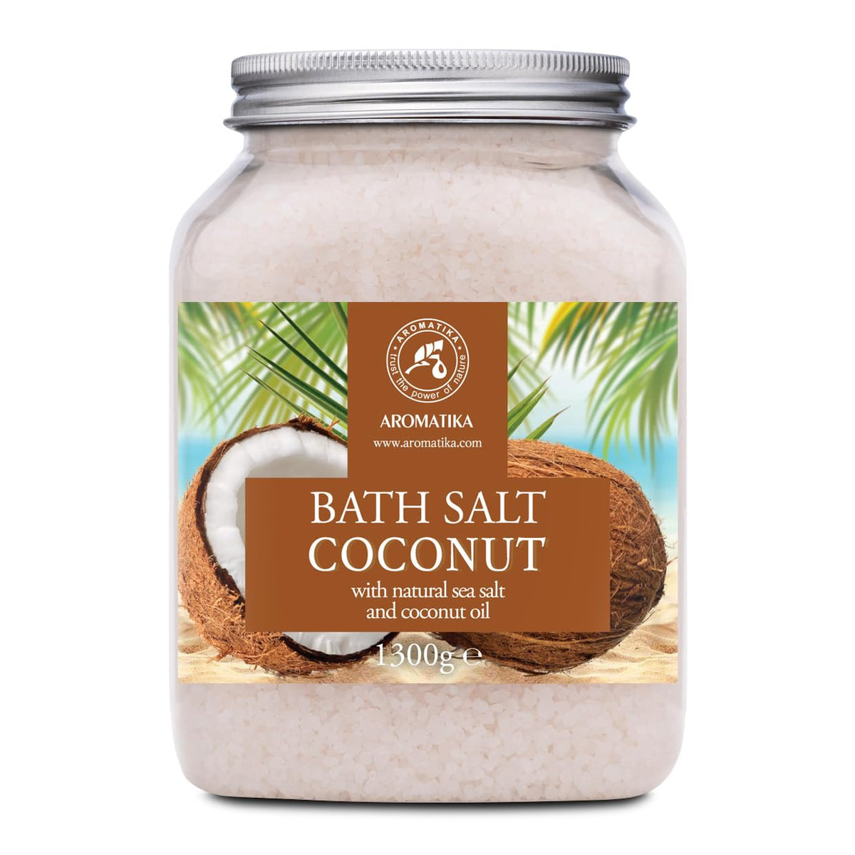 AROMATIKA Bath Sea Salt Coconut bottle pour for a calming soak and aroma