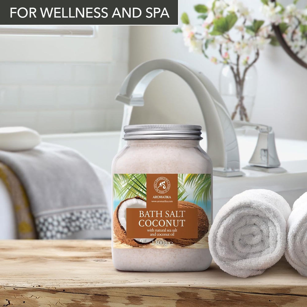 AROMATIKA Packaging side of Bath Sea Salt Coconut for easy storage
