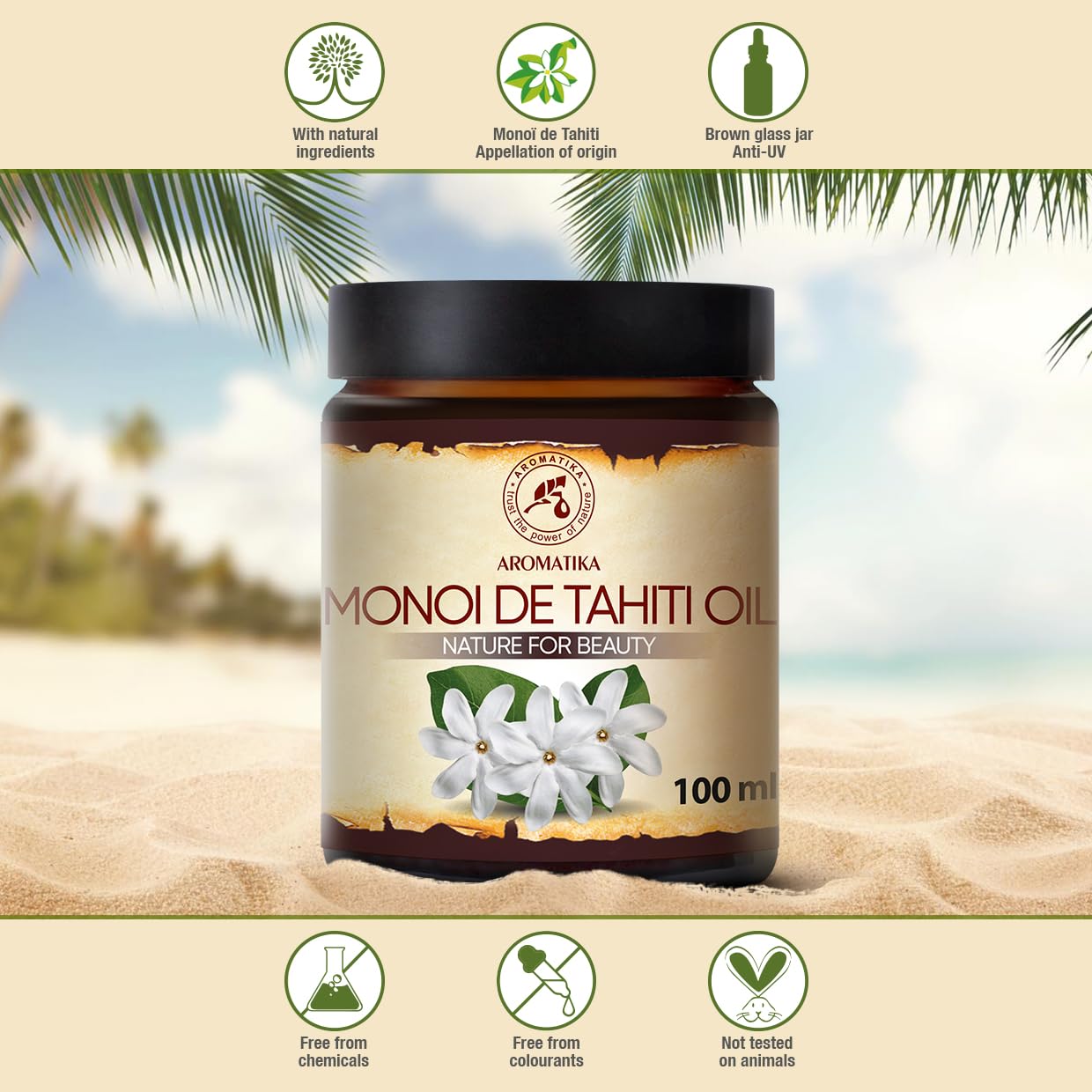 AROMATIKA Monoi Tahiti carrier oil box packaging display