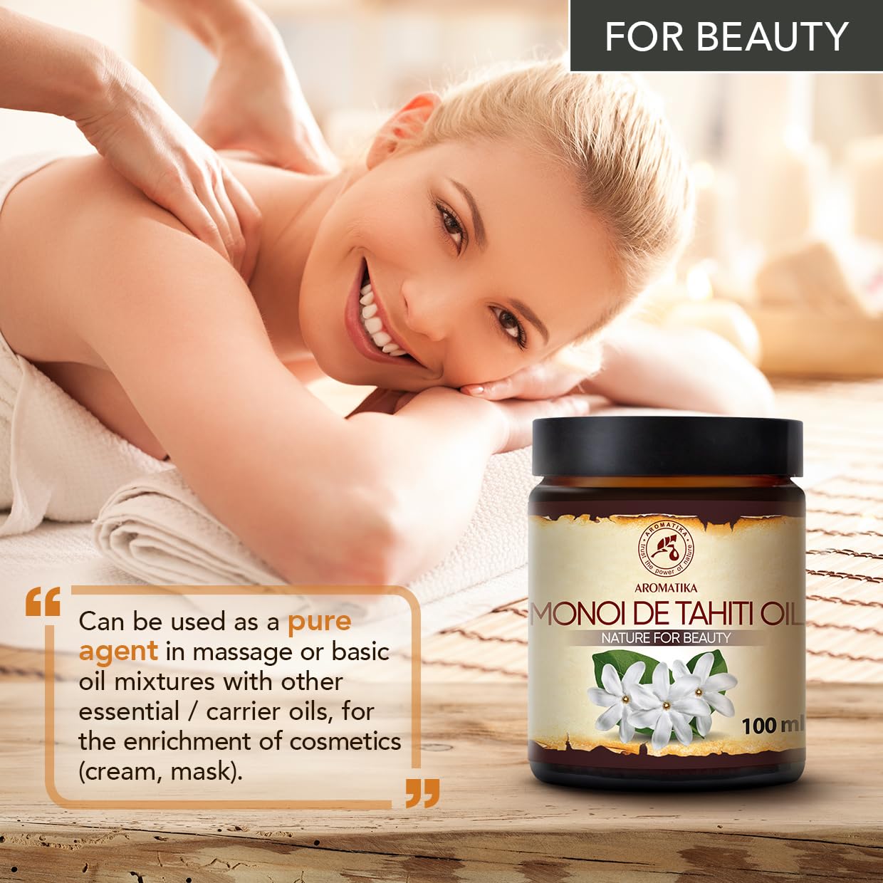 AROMATIKA Monoi Tahiti carrier oil applied to skin for lightweight hydration