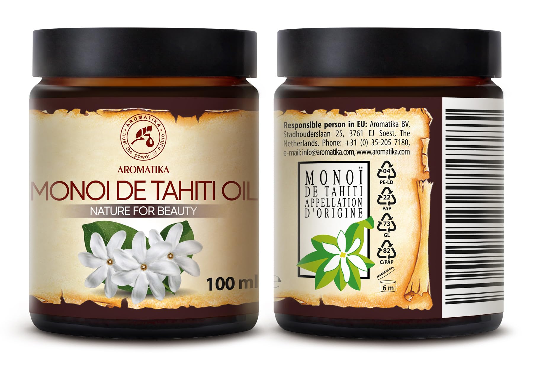 AROMATIKA Monoi Tahiti carrier oil uncapped bottle ready for DIY blends