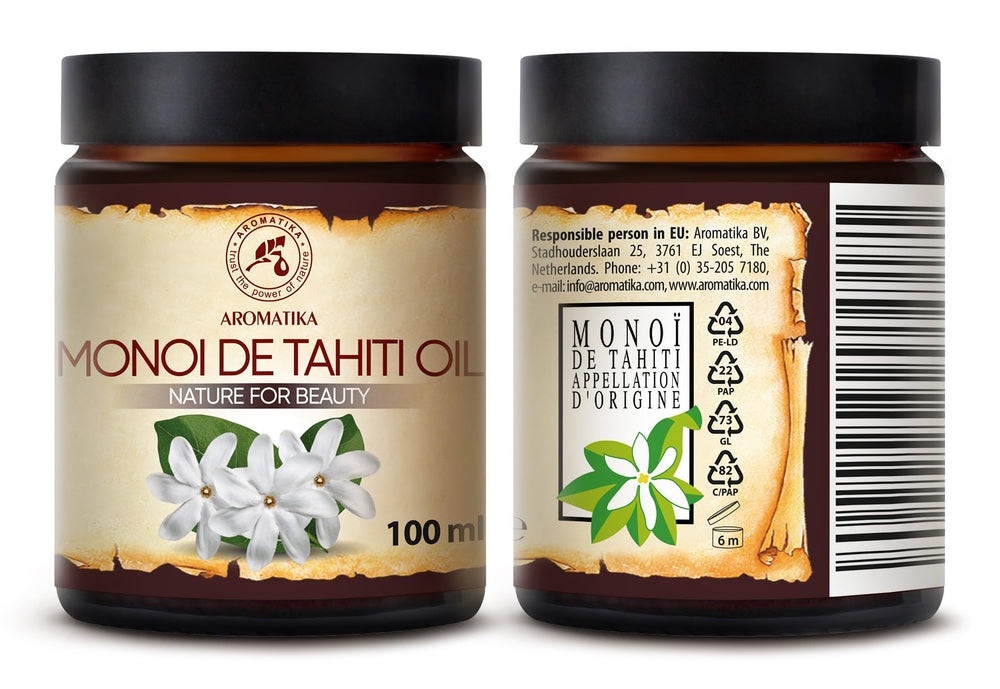 AROMATIKA Monoi Tahiti carrier oil uncapped bottle ready for DIY blends