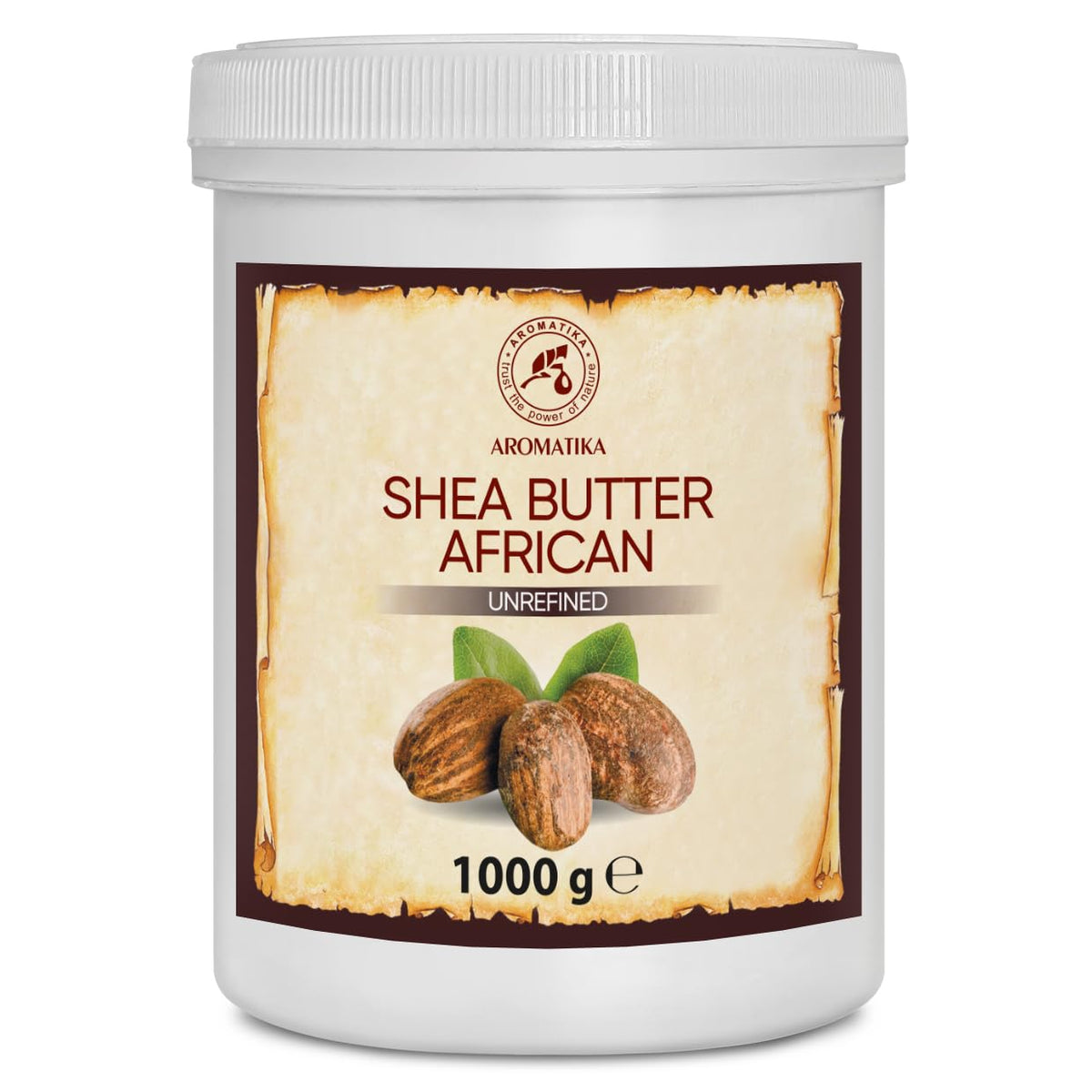 AROMATIKA shea butter jar showing rich unrefined texture for skin care
