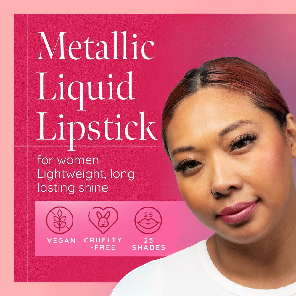 Aromi Alpine Bloom on lips demonstrates non-sticky metallic matte finish.