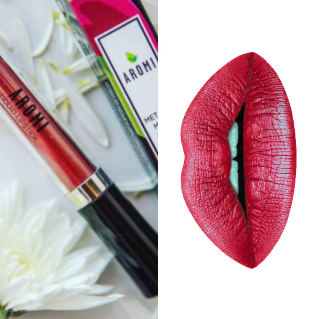 Aromi holiday makeup idea swatch on model lips