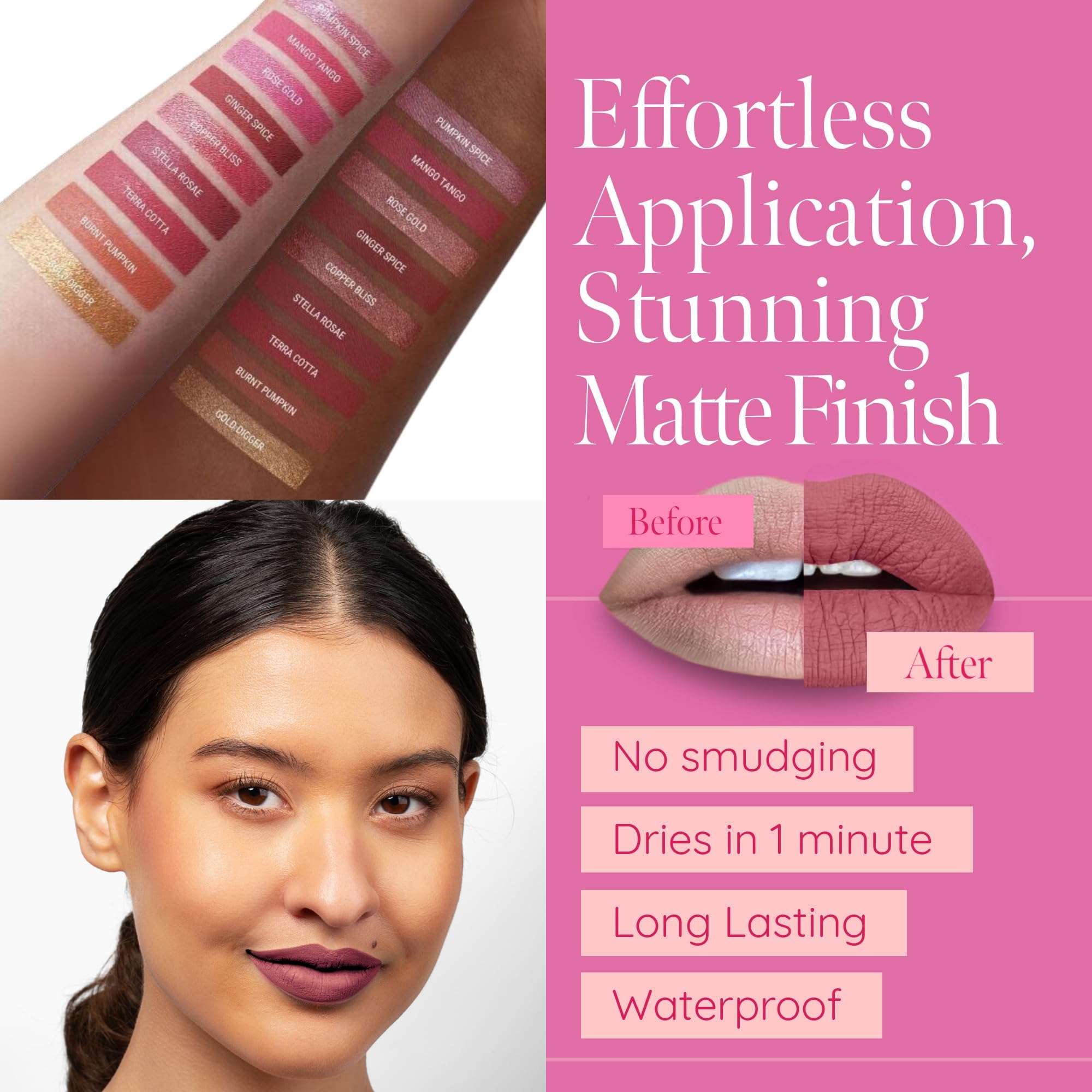 Aromi Chestnut Rose swatch shows warm rosy matte finish.