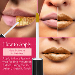 Aromi Gold Digger lip swatch reveals bold metallic finish for statement lips.