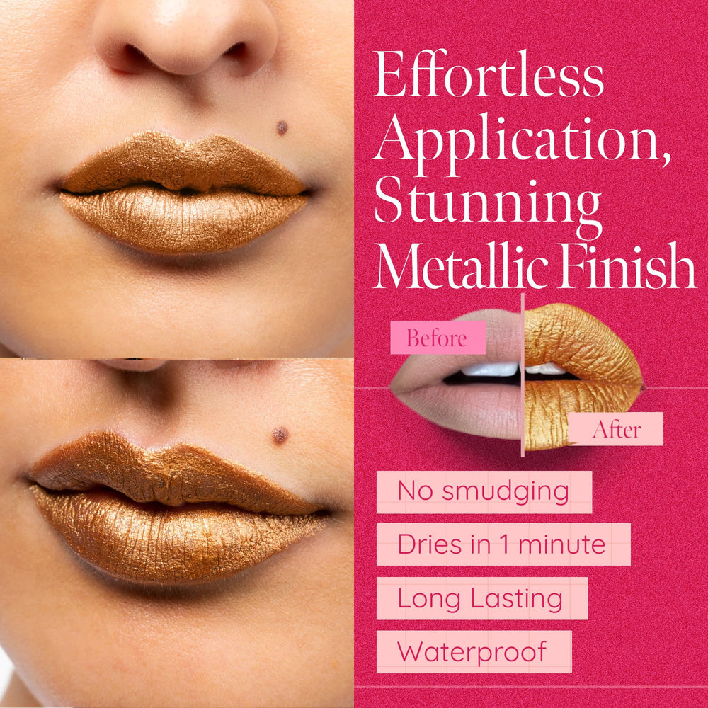 Aromi Gold Digger lip swatch shows soft nude shade with subtle sparkle.