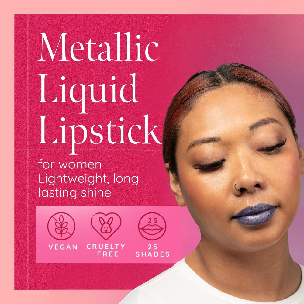 Aromi Metallic Liquid Lipstick closeup shows rich violet-plum glow.