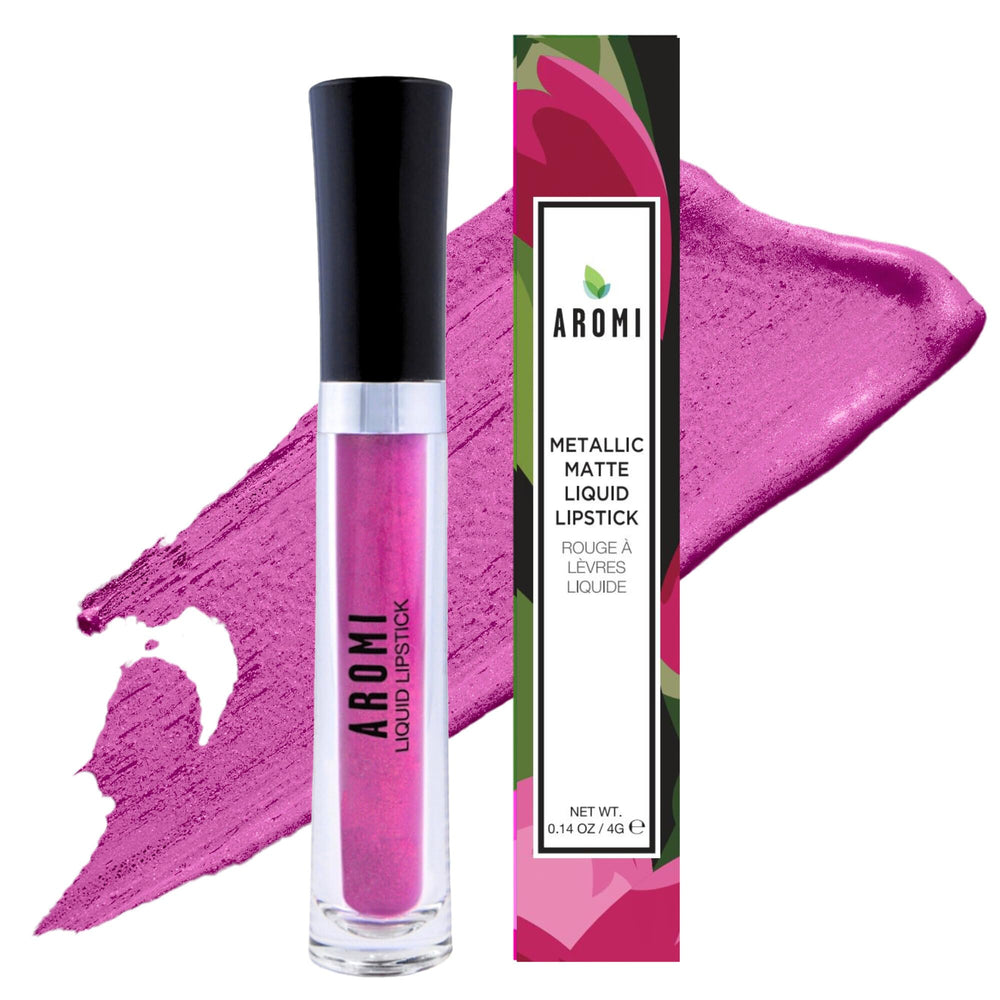 Aromi Moody Magenta lips exhibit glossy metallic finish.