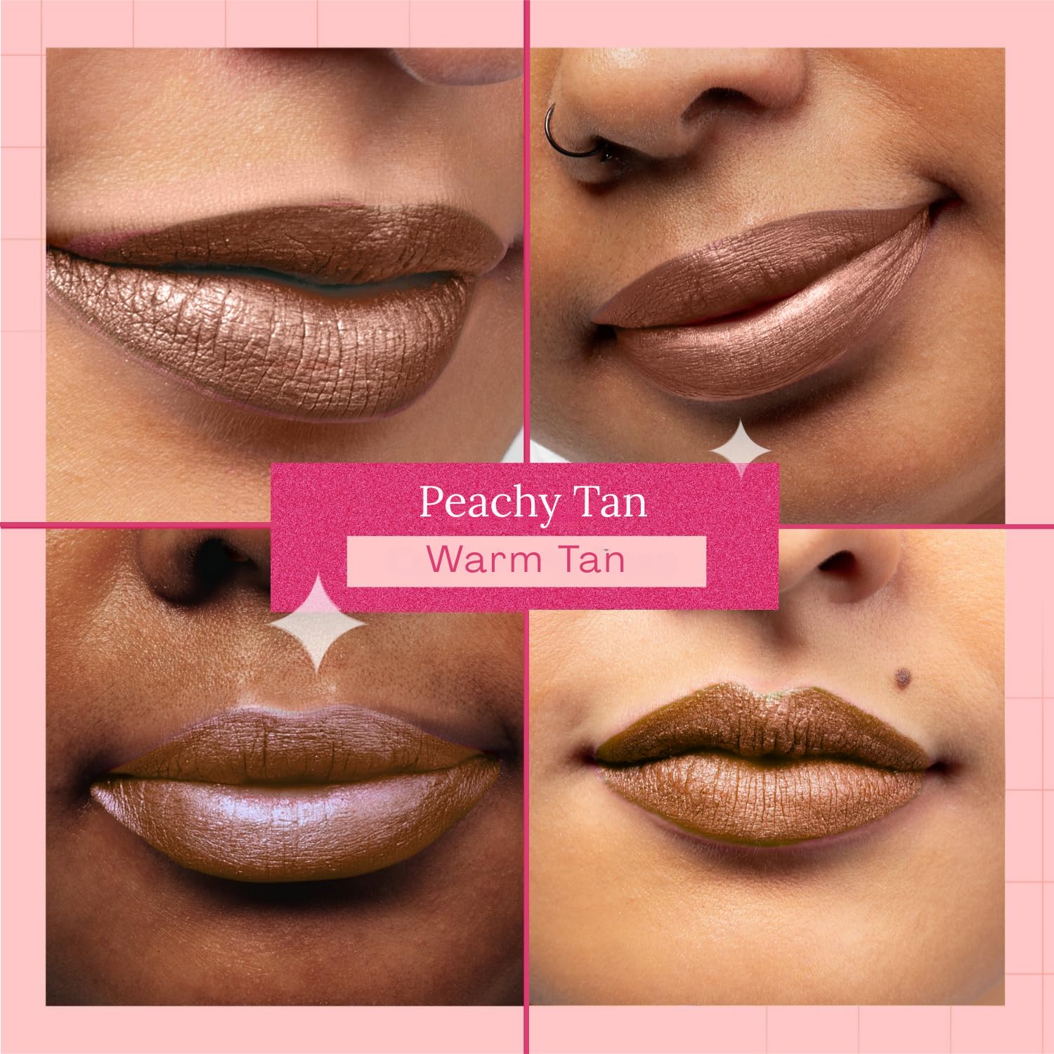 Aromi Tan Metallic Lipstick Sepia Bronze on lips with shimmering finish.