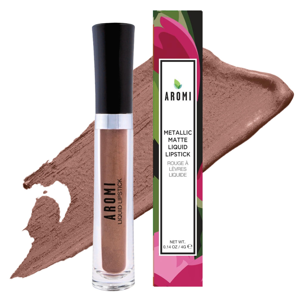 Aromi Tan Metallic Lipstick with hand-held display showcases portable elegance.