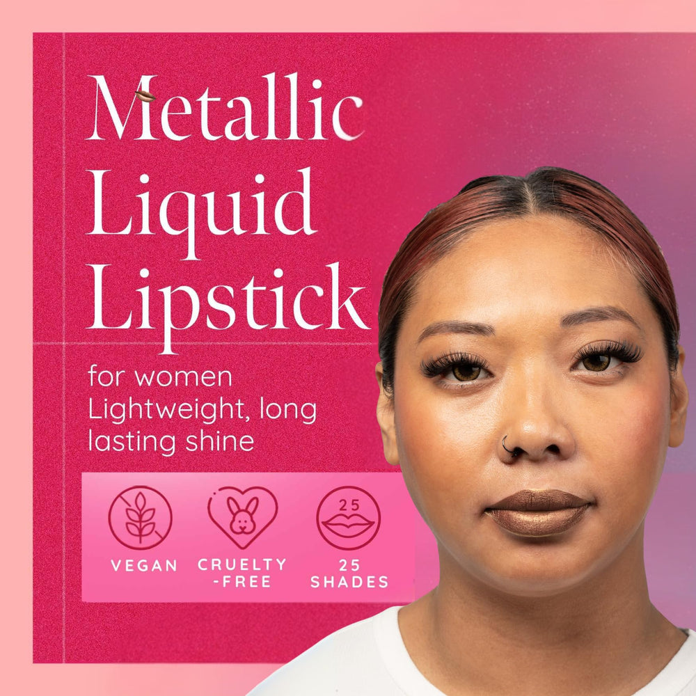 Aromi Tan Metallic Lipstick tube packaging close-up with peachy tan hue.