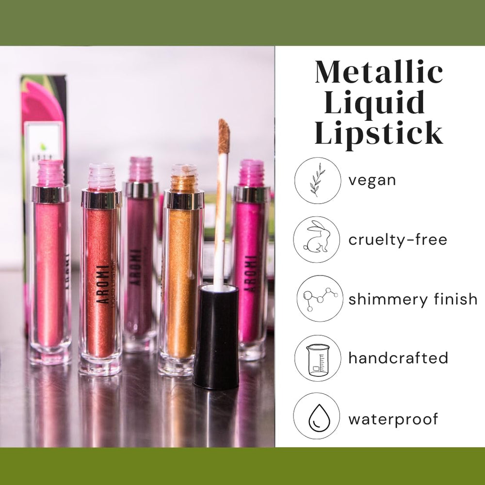 Aromi vegan cruelty-free badge signals ethical lip color choice.