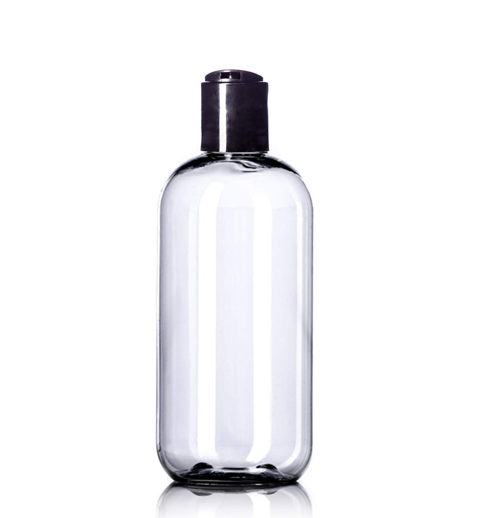 Aromine clear Boston Round bottles with included labels for easy organization.
