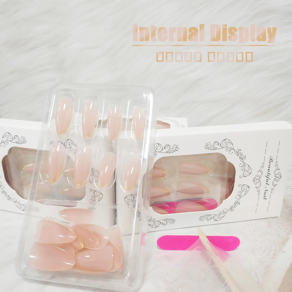 AROVFAM Almond nails close-up with gold glitter for versatile glam
