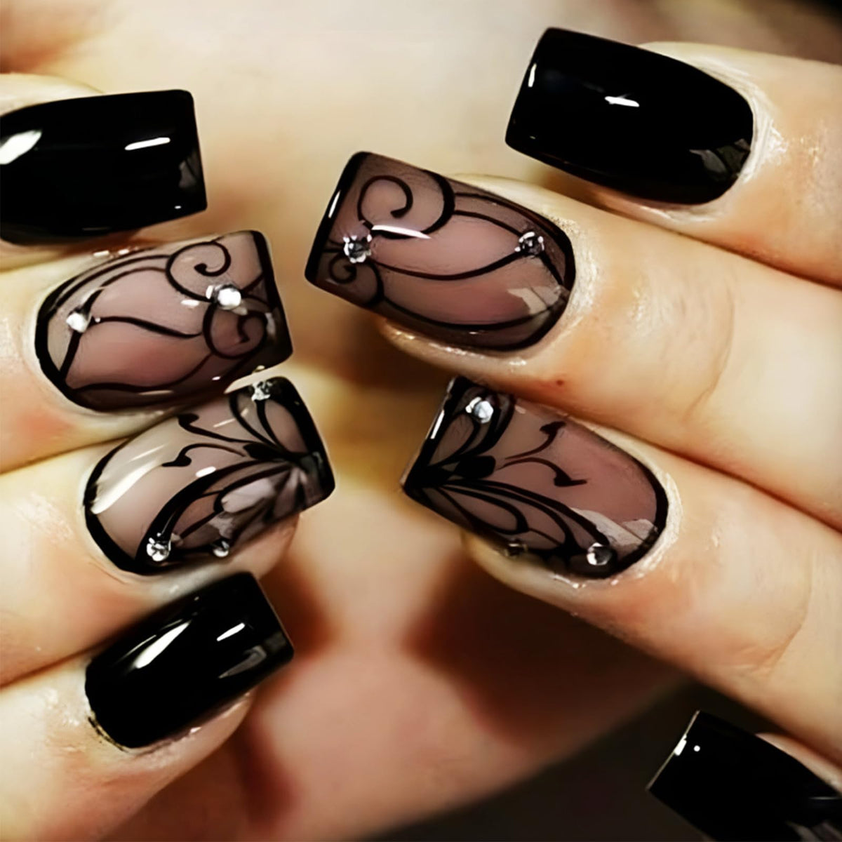 AROVFAM black vine press-on nails with glossy finish for everyday elegance