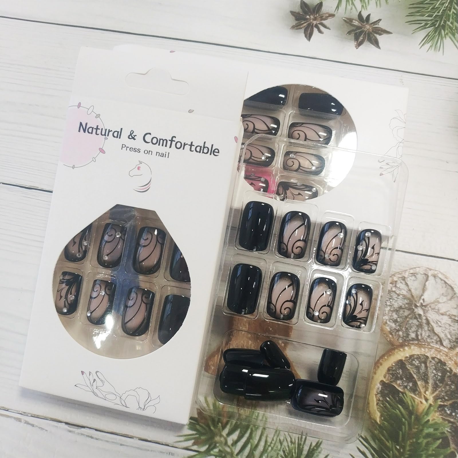 AROVFAM glossy dark vine nails in medium square shape for daily wear