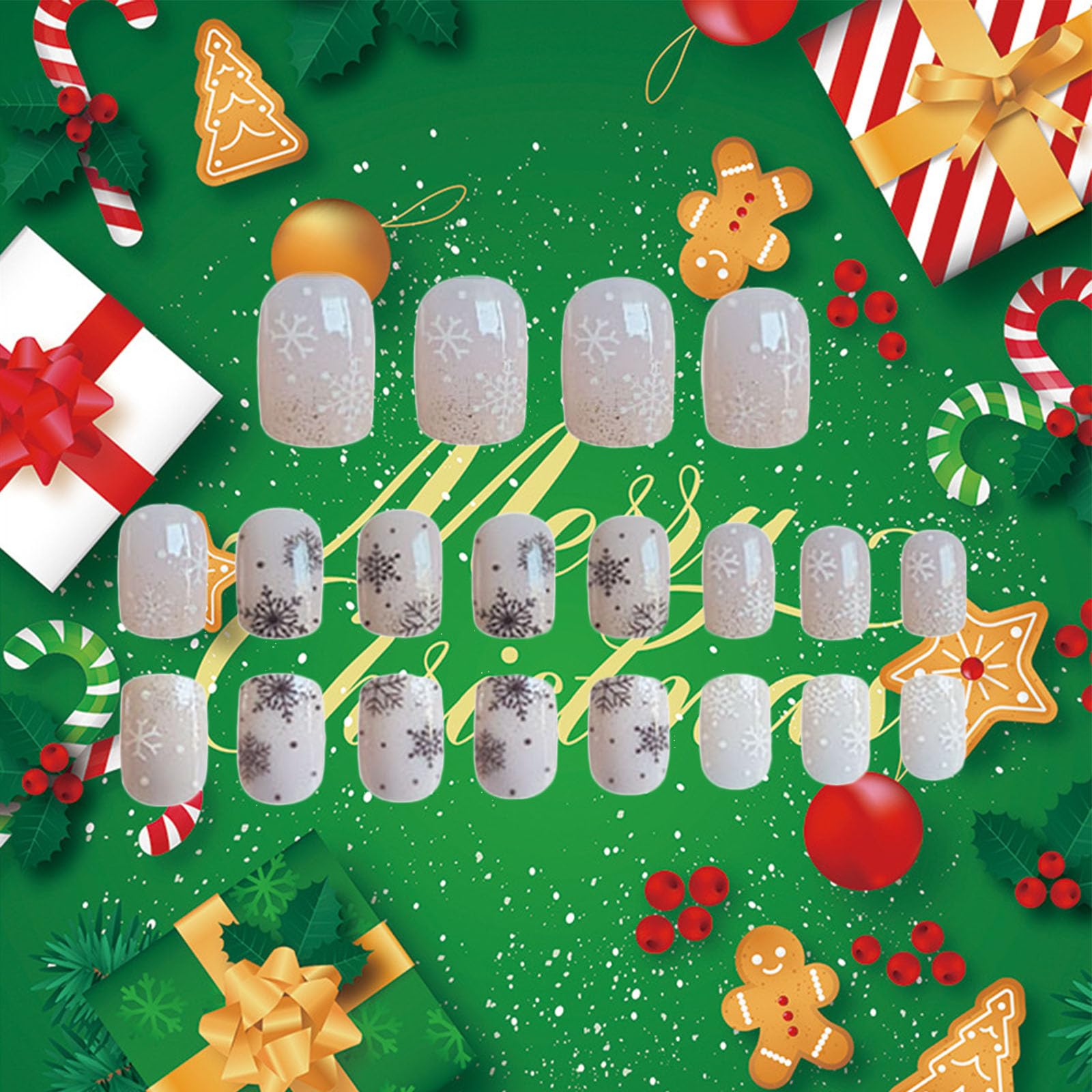 AROVFAM glossy white snowflake nails close-up with elegant shine