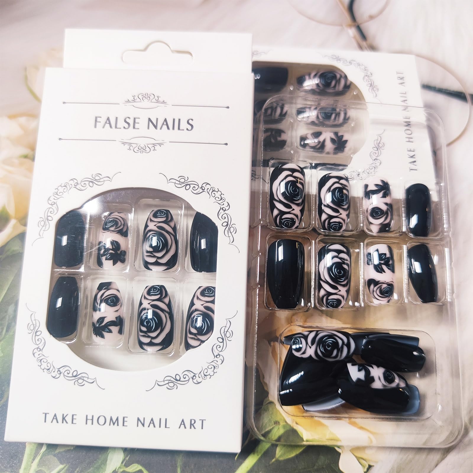 Set of 24 nails from AROVFAM with rose motif and natural fit