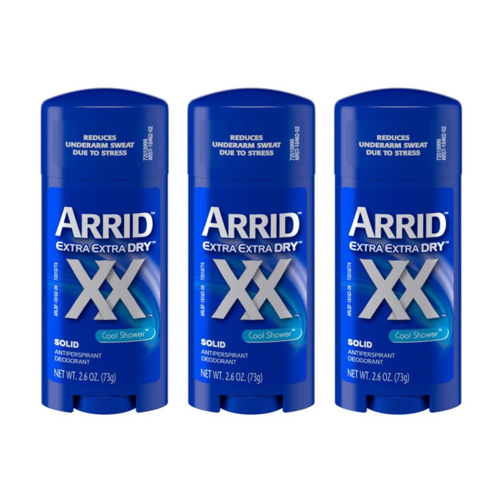 Arrid XX Extra Dry Cool Shower solid deodorant bottle closeup for quick protection against sweat.