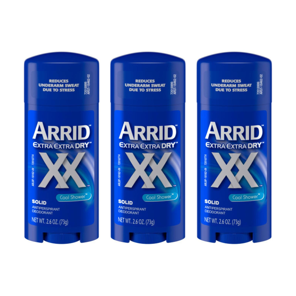 Arrid XX Extra Dry Cool Shower solid deodorant bottle closeup for quick protection against sweat.