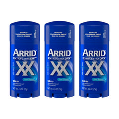 Arrid XX Extra Dry Cool Shower solid deodorant bottle closeup for quick protection against sweat.