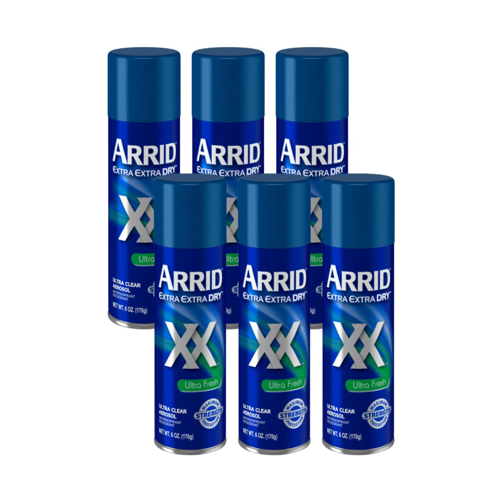 Arrid XX Extra Extra Dry ultra-fresh aerosol can in six-pack, ready for daily protection.