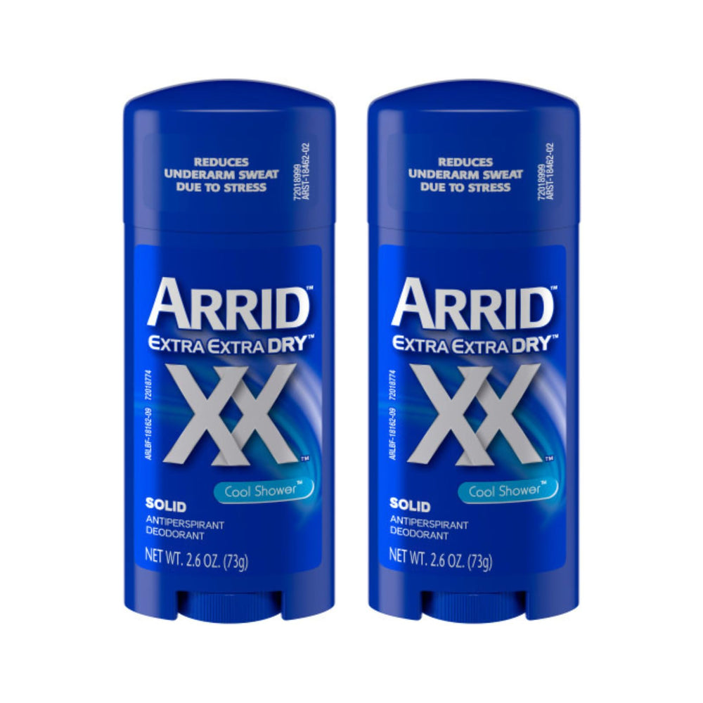 Arrid XX Extra Extra Dry solid deodorant in Cool Shower provides long-lasting underarm protection.