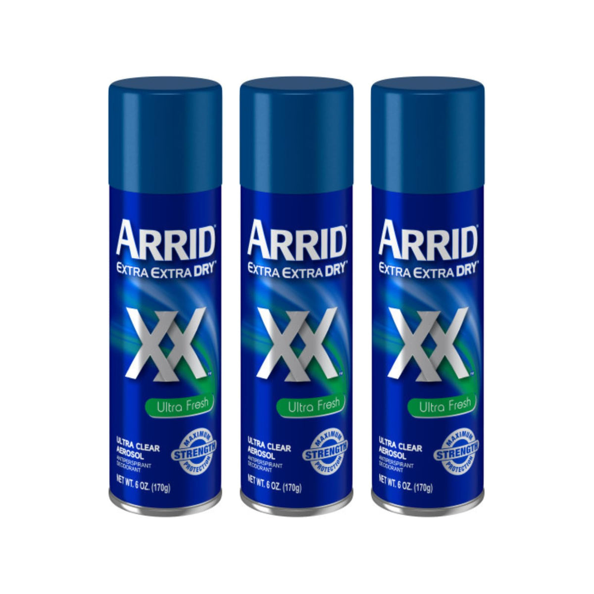 Arrid XX Ultra Clear spray bottle showing long-lasting protection and quick-dry feel