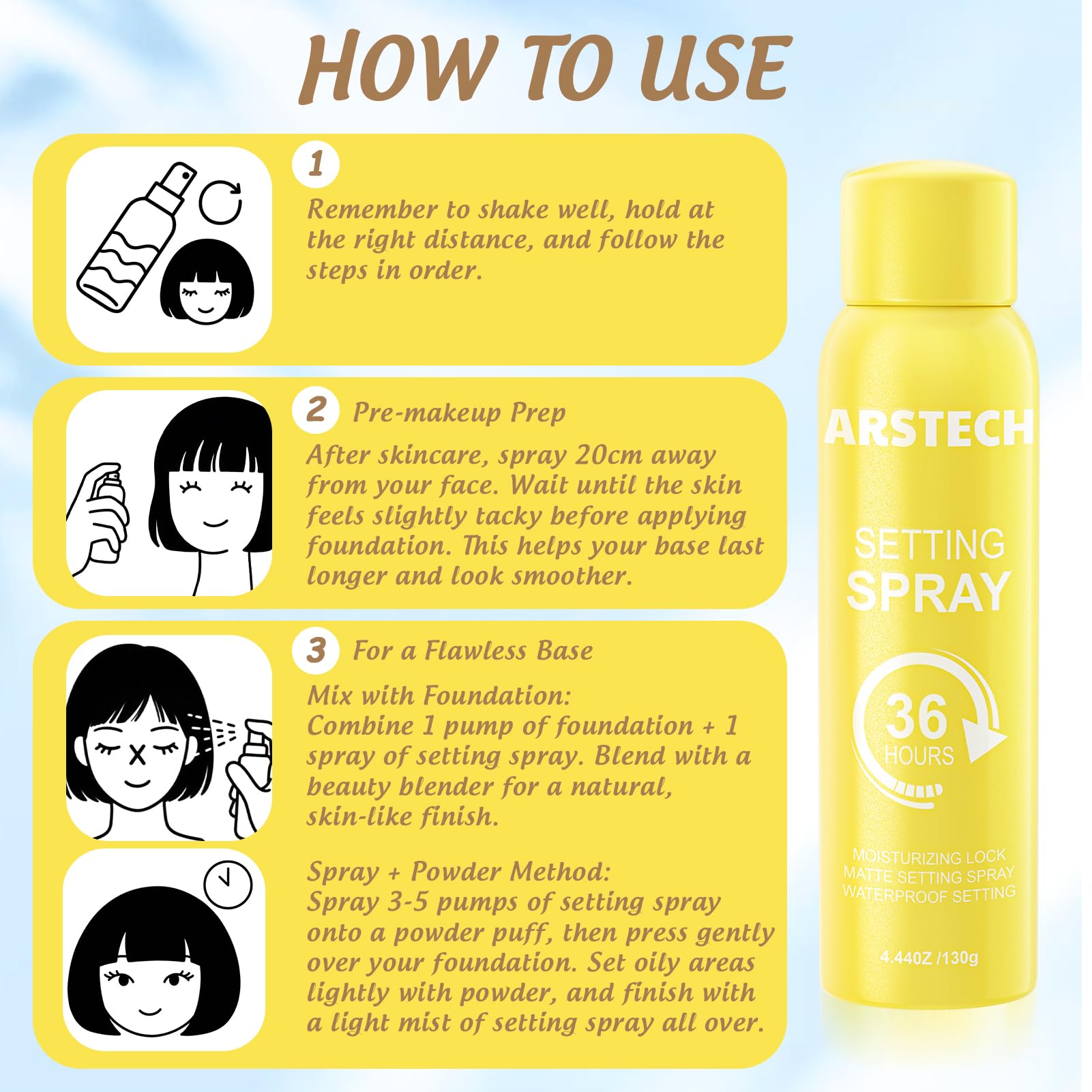 Arstech alcohol-free formulation that's gentle on sensitive skin during long events.