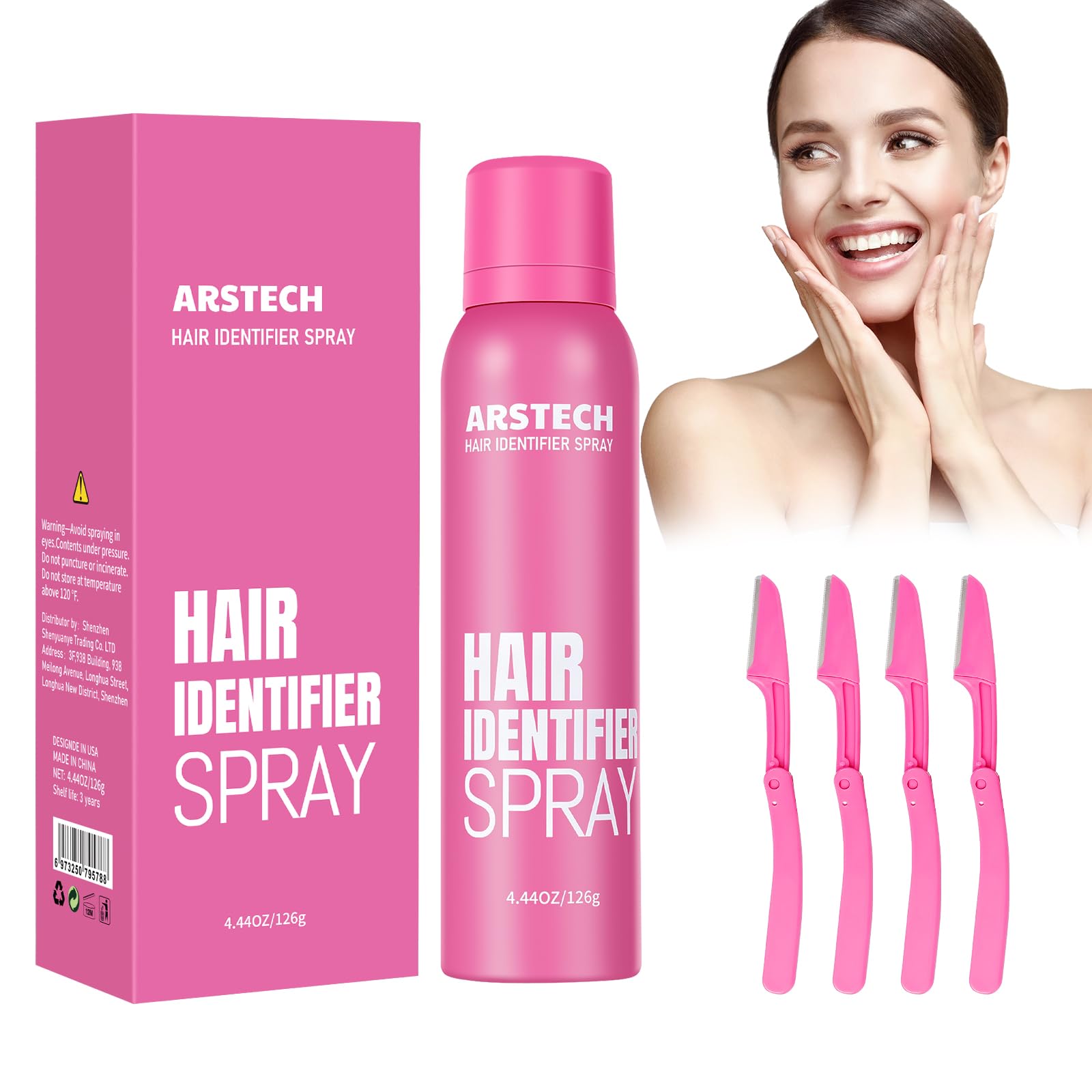 Arstech hair identifier spray bottle highlights facial hair for precise shaving.